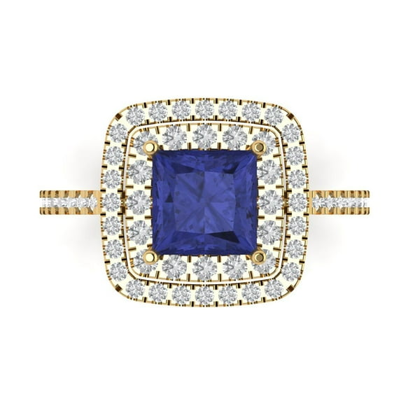 2.07 ct Princess Cut Simulated Tanzanite with Simulated Diamond Halo Accents 14K Yellow Gold Womens Engagement Ring