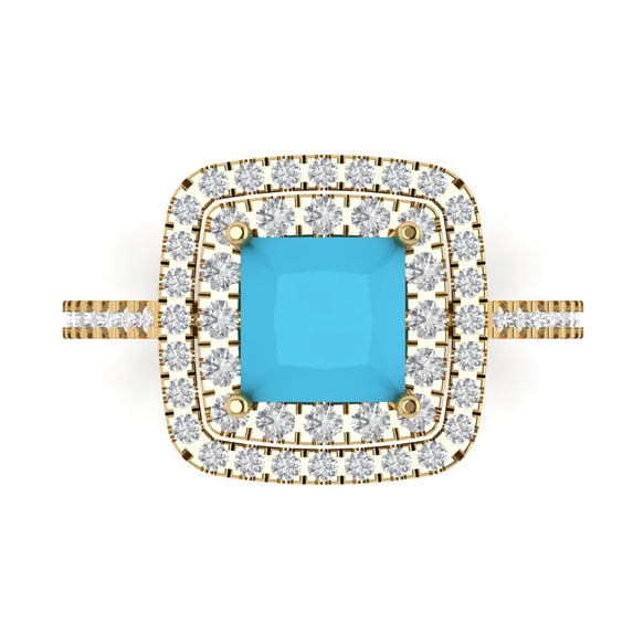 2.07 ctw with Simulated Diamond Halo Accents Anniversary Ring for Women | Princess Cut Simulated Turquoise | Hyperallergenic Solid 14K Yellow Gold