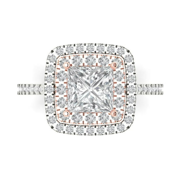 2.07 ct Princess Cut White Sapphire with Simulated Diamond Halo Accents 18K White/Rose Gold Womens Engagement Ring