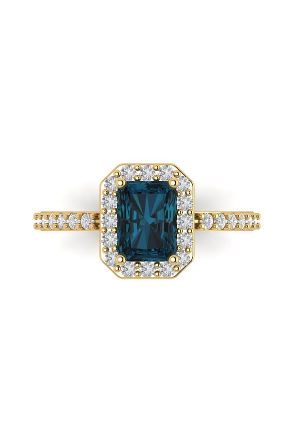 1.92 ct Emerald Cut Natural London Blue Topaz Halo Engagement Ring for Women in 18K Yellow Gold
