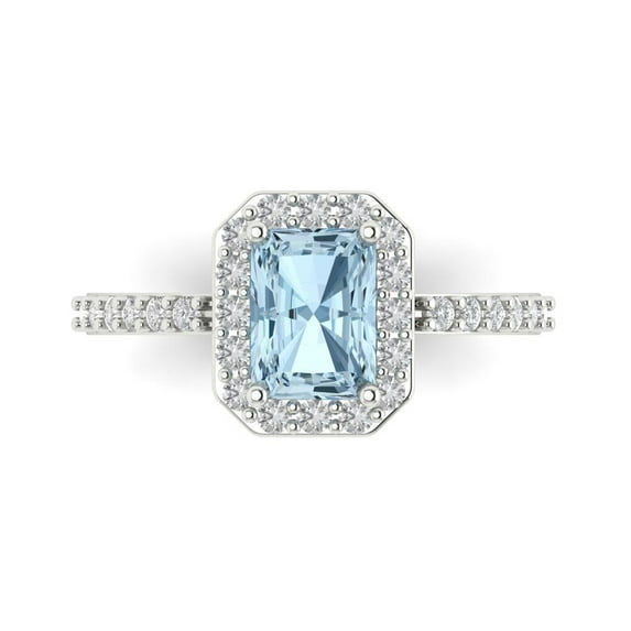 Clara Pucci 14K White Gold Solid Gold SwissBlueTopaz Solitaire with Accents Anniversary Ring for Women - 1.92 cttw Emerald Cut