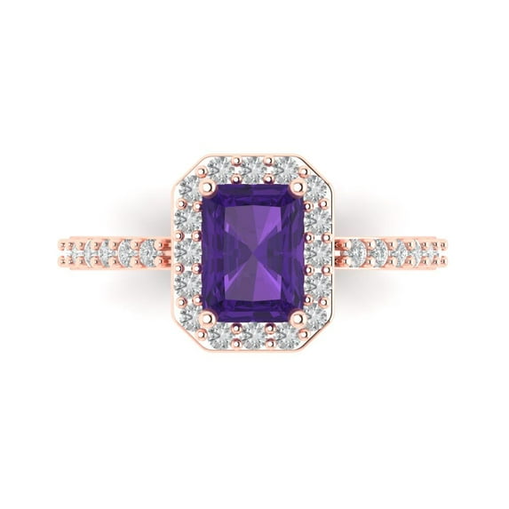 1.92 ct Emerald Cut Natural Amethyst Solitaire with Simulated Diamond Accents 18K Rose Gold Womens Engagement Ring