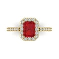 thumbnail image 1 of 1.92 ctw with Simulated Diamond Halo Accents Anniversary Ring for Women | Emerald Cut Simulated Ruby | Hyperallergenic Solid 18K Yellow Gold, 1 of 5
