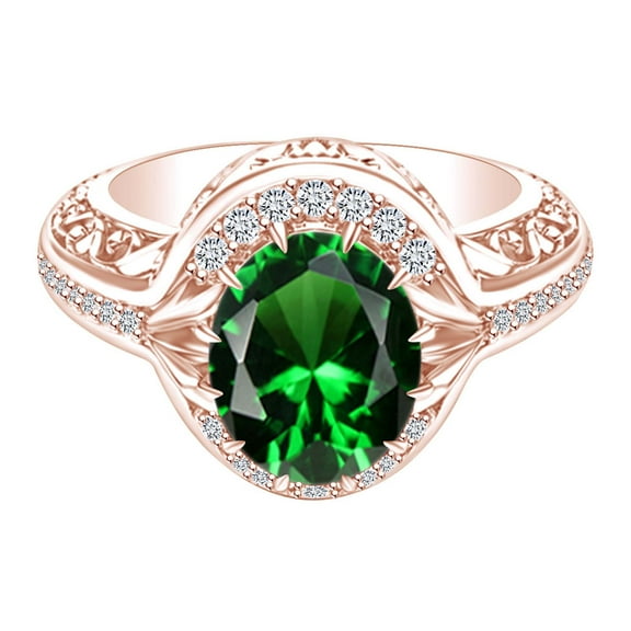 AFFY 2.08 Carat Oval Shape Green Emerald & Natural Diamond Halo Wedding Ring Set 14K Solid Rose Gold Ring Size-5