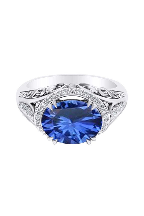 2.08 Carat Oval Shape Simulated Blue Sapphire & Natural Diamond Unique Engagement Ring 14K Solid White Gold Ring Size-7.5