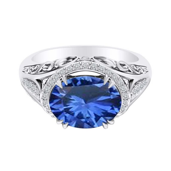 AFFY 2.08 Carat Oval Shape Simulated Blue Sapphire & Natural Diamond Unique Engagement Ring 14K Solid White Gold Ring Size-8