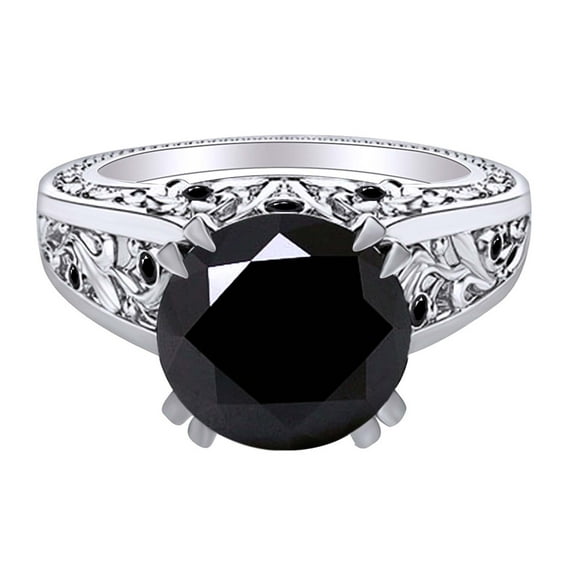 AFFY 2.08 Carat Round Shape Black Diamond Filigree Engagement Ring 14K Solid White Gold Ring Size-10