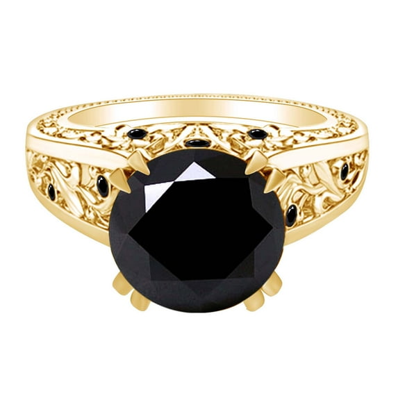 AFFY 2.08 Carat Round Shape Black Diamond Filigree Engagement Ring 14K Solid Yellow Gold Ring Size-7