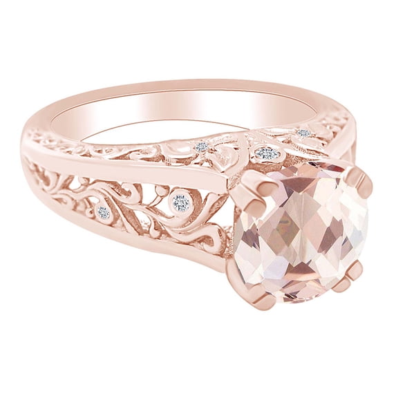 AFFY 2.08 Carat Round Shape Simulated Morganite & Natural Diamond Engagement Ring 14K Solid Rose Gold Ring Size-5