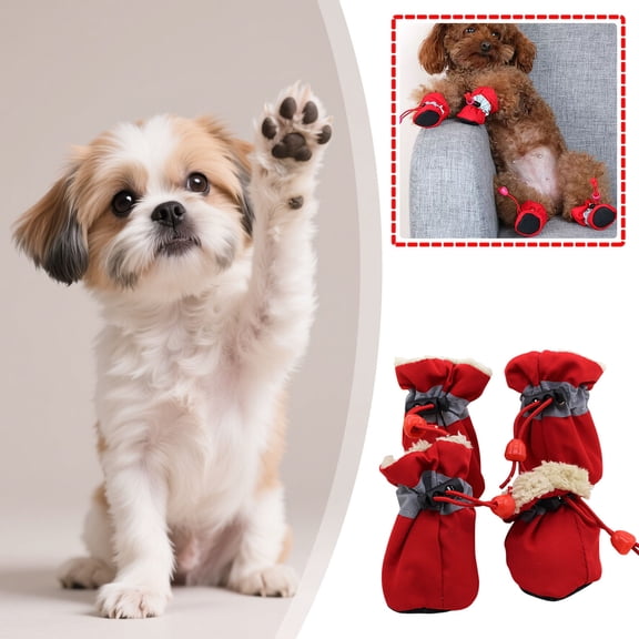 2.09" × 2.56" Dog Shoes for Winter, Dog Boots & Paw Protectors, Fleece Warm Snow Booties for Puppy with Reflective Strip Anti-Slip Rubber Sole for Small Medium Size Dogs （Red）