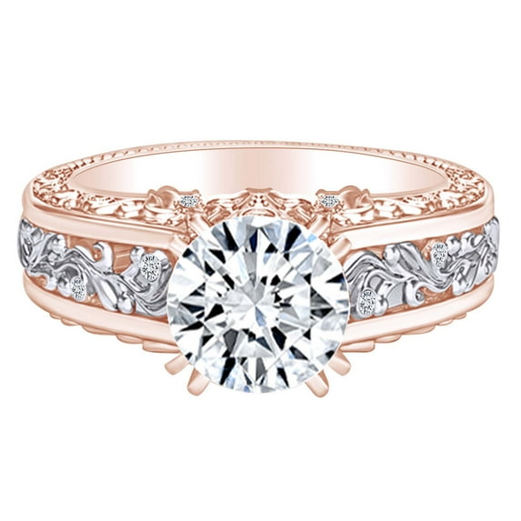 AFFY 2.09 Carat Round Shape Moissanite & Natural Diamond Two-Tone Engagement Ring 14K Solid Rose Gold Ring Size-10