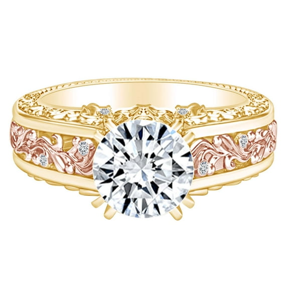 AFFY 2.09 Carat Round Shape Moissanite & Natural Diamond Two-Tone Engagement Ring 14K Solid Yellow Gold Ring Size-5