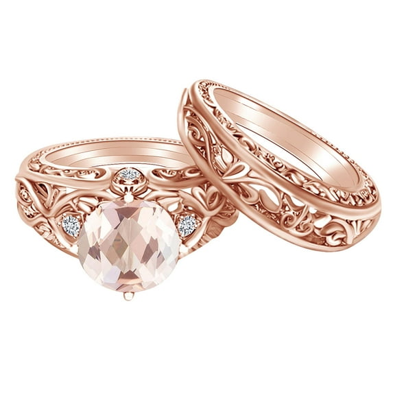 AFFY 2.09 Carat Round Shape Simulated Morganite & Natural Diamond Bridel Set Ring 14K Solid Rose Gold Ring Size-10