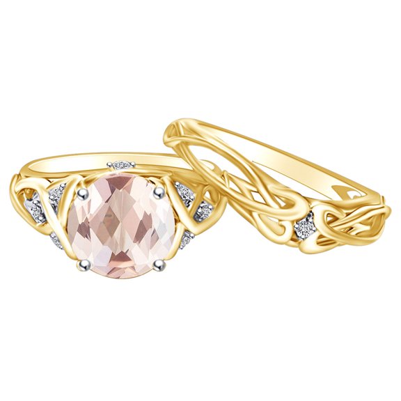 AFFY 2.09 Carat Round Simulated Morganite & Natural Diamond Engagement Ring Set 14K Solid Yellow Gold Ring Size-5