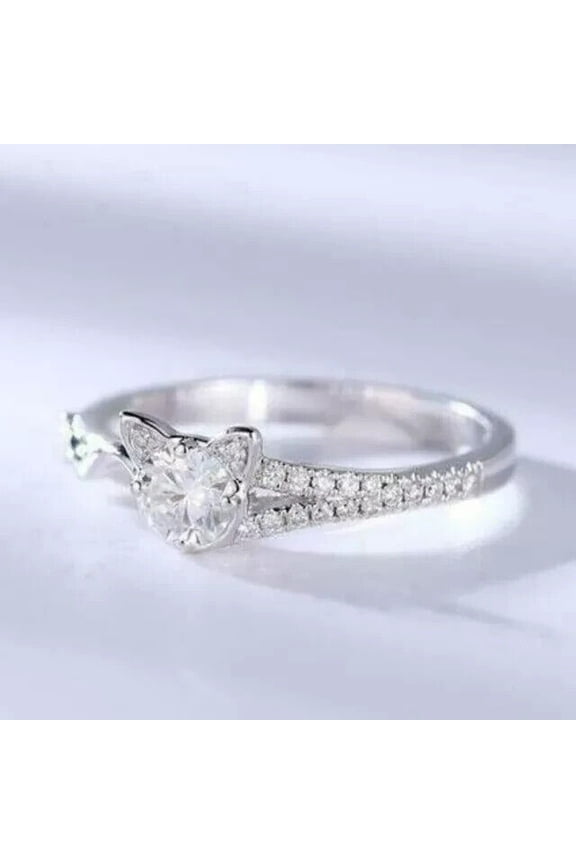 2.0Ct Round Cut Simulated Diamond Women's Cat Shape Ring 14K White Gold Finish For Her Silver