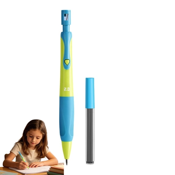 2.0Mm Mechanical Pencil with Grip, Handwriting Correction Pencil with Built in Sharpener and Lead Refills, Ergonomic Thick Lead Pencil for Art, and Beginners, Blue-Yellow