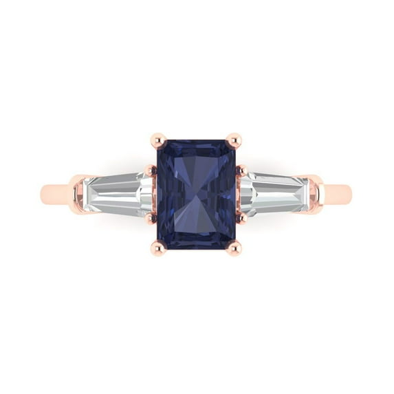1.5 ct Emerald Cut Simulated Blue Sapphire Three-Stone Engagement Ring for Women in 18K Rose Gold