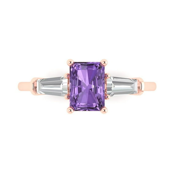 1.5 ct Emerald Cut Simulated Alexandrite Three-Stone Engagement Ring for Women in 18K Rose Gold