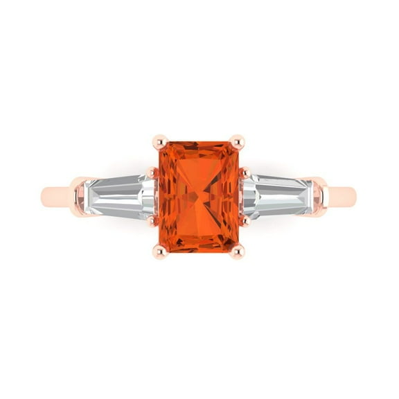 1.5 ct Emerald Cut Simulated Red Diamond Three-Stone Engagement Ring for Women in 14K Rose Gold