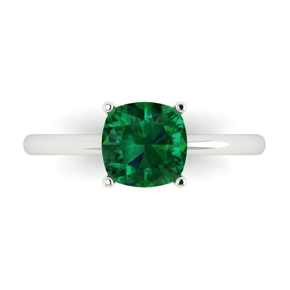 2 ct Cushion Cut Simulated Emerald Solitaire 14K White Gold Womens Engagement Ring