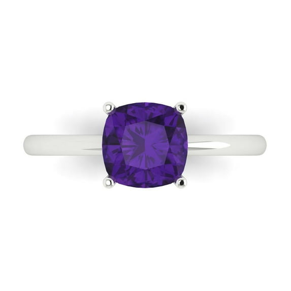 2 ct Cushion Cut Natural Amethyst Solitaire 14K White Gold Womens Engagement Ring