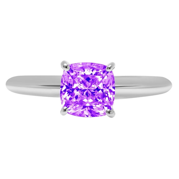 2 ct Cushion Cut Natural Amethyst Solitaire 18K White Gold Womens Engagement Ring