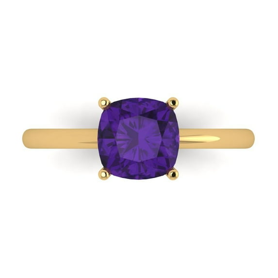 2 ct Cushion Cut Natural Amethyst Solitaire 18K Yellow Gold Womens Engagement Ring