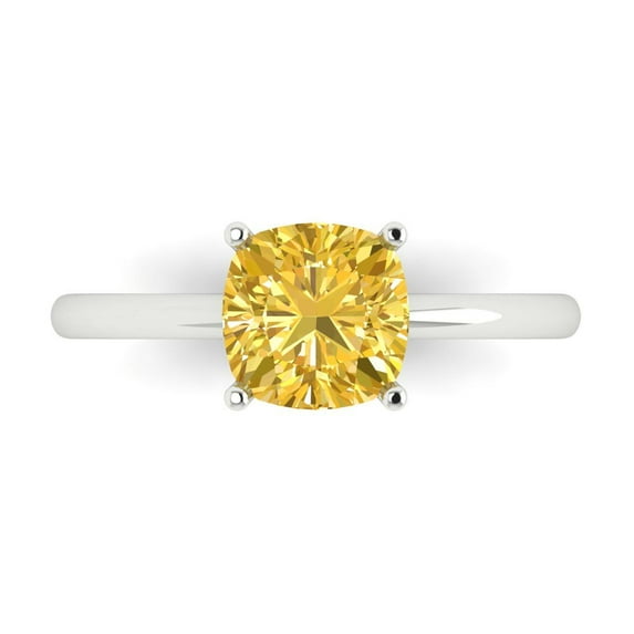 2 ctw Solitaire Anniversary Ring for Women | Cushion Cut Simulated Yellow Diamond | Hyperallergenic Solid 18K White Gold