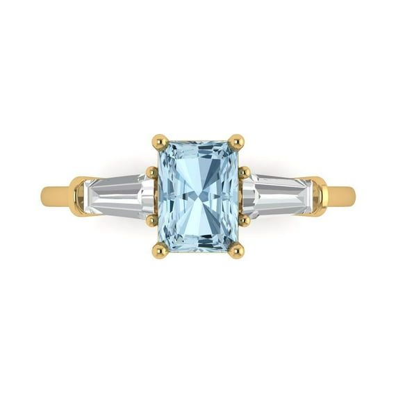 Clara Pucci 14K Yellow Gold Solid Gold Aquamarine Three-Stone Anniversary Ring for Women - 1.5 cttw Emerald Cut