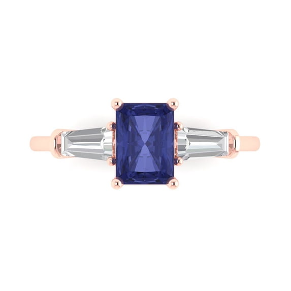 Clara Pucci 14K Rose Gold Solid Gold Tanzanite Three-Stone Anniversary Ring for Women - 1.5 cttw Emerald Cut