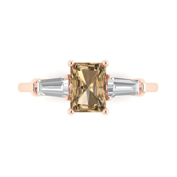 Clara Pucci 14K Rose Gold Solid Gold Champagne Three-Stone Anniversary Ring for Women - 1.5 cttw Emerald Cut