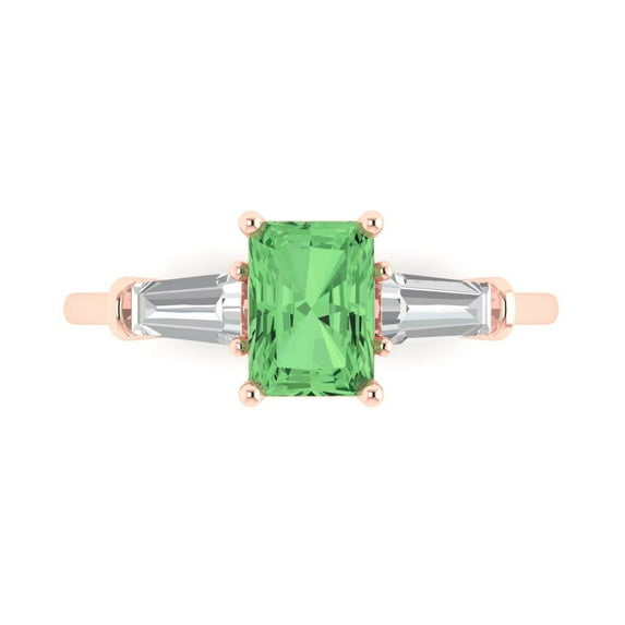 1.5 ctw 3 Stone Anniversary Ring for Women | Emerald Cut Simulated Green Diamond | Hyperallergenic Solid 14K Rose Gold