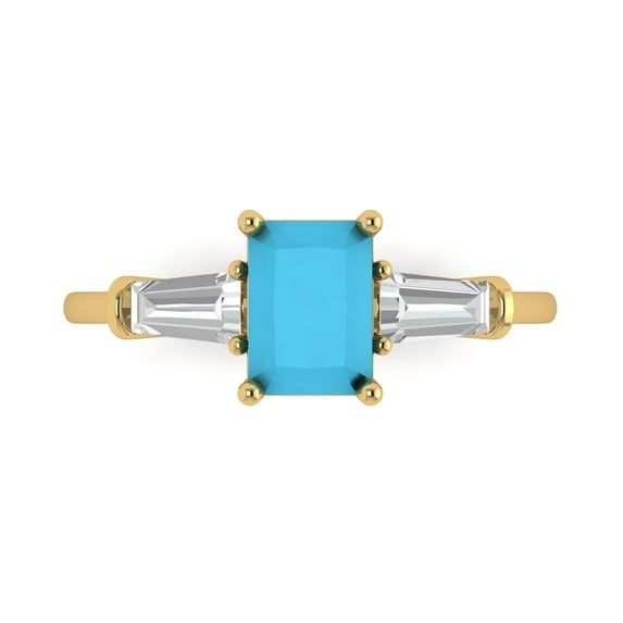 Clara Pucci 14K Yellow Gold Solid Gold Turquoise Three-Stone Anniversary Ring for Women - 1.5 cttw Emerald Cut
