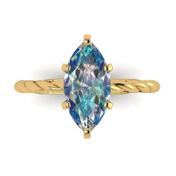 2 ctw Solitaire Anniversary Ring for Women | Marquise Cut Blue Moissanite | Hyperallergenic Solid 18K Yellow Gold