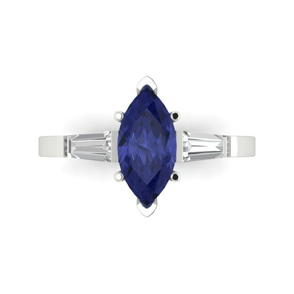 2 ctw 3 Stone Anniversary Ring for Women | Marquise Cut Simulated Tanzanite | Hyperallergenic Solid 14K White Gold