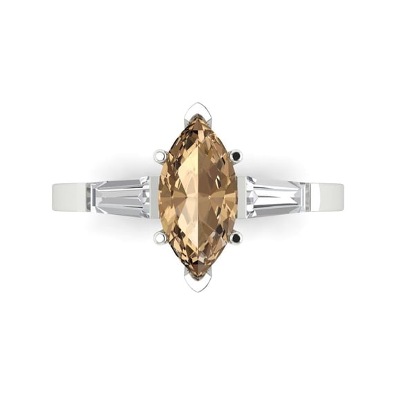 2 ctw 3 Stone Anniversary Ring for Women | Marquise Cut Simulated Champagne Diamond | Hyperallergenic Solid 18K White Gold