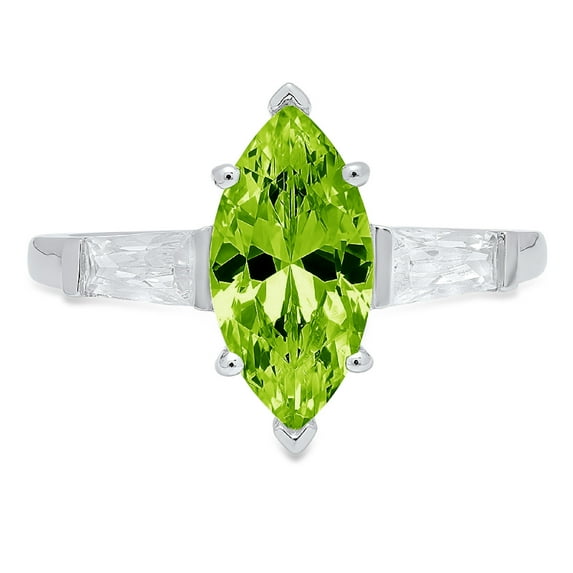 2 ct Marquise Cut Natural Peridot 3 Stone 18K White Gold Womens Engagement Ring