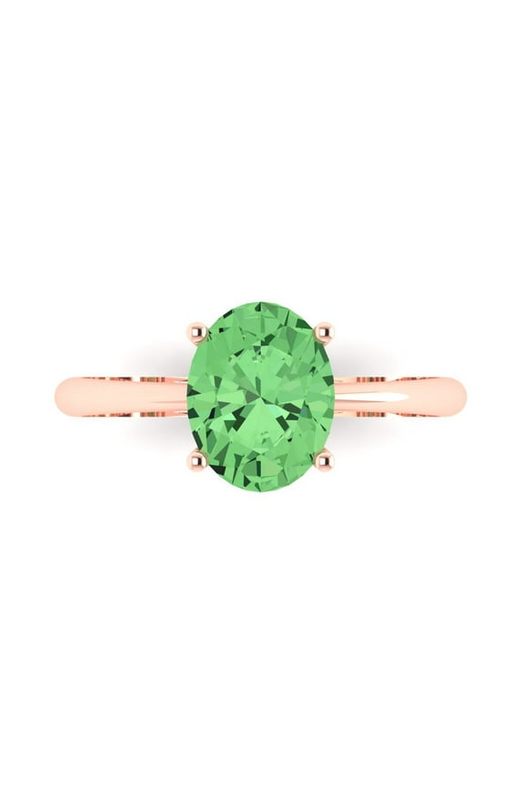 14K Rose Gold Solid Gold Green Solitaire Anniversary Ring for Women - 2 cttw Oval Cut