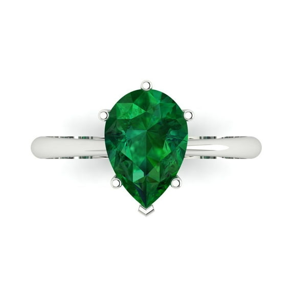 Clara Pucci 14K White Gold Solid Gold Emerald Solitaire Anniversary Ring for Women - 2 cttw Pear Cut