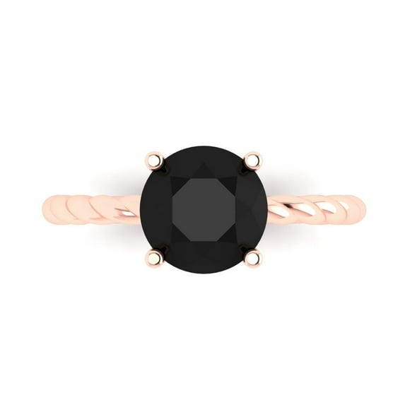 Clara Pucci 14K Rose Gold Solid Gold Onyx Solitaire Anniversary Ring for Women - 2 cttw Round Cut