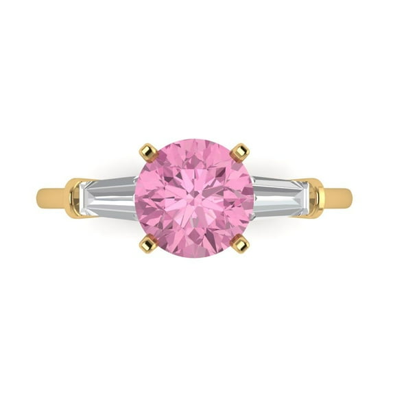 2 ctw 3 Stone Anniversary Ring for Women | Round Cut Simulated Pink Diamond | Hyperallergenic Solid 18K Yellow Gold