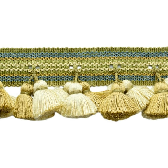 2 1/2" (6cm) Arbor Collection Wide Detailed Gimp with Full Cascading Tassel Fringe Trim # TFAR025,, Beige Sage Green #AR03 (Khaki Green, Sage Green, Teal Blue) 5 Yards (15 ft/4.5m)