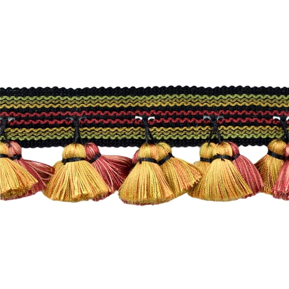 2 1/2" (6cm) Arbor Collection Wide Detailed Gimp with Full Cascading Tassel Fringe Trim # TFAR025,, Chakra Black #AR06 (Pure Black, Yellow Gold, Light Red) 5 Yards (15 ft/4.5m)