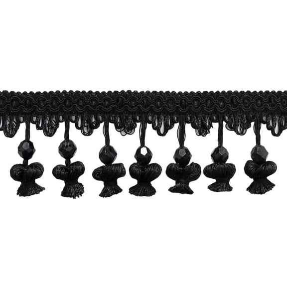 2 1/2" (6cm) Charming Scroll Gimp and Scalloped Loop onion Beaded Tassel | Fringe Trim # NT2504,, Pure Black #K9 (Jet Black) 5 Yards (15 ft/4.5m)