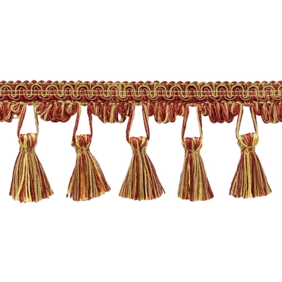2 1/2" (6cm) Dainty Scroll Gimp with Scalloped Tassel Fringe Trim # TFC025,, Cajun Red #PR15 (Crimson Red, Light Beige, Light Gold) Sold By The Yard (36"/3 ft/0.9m)
