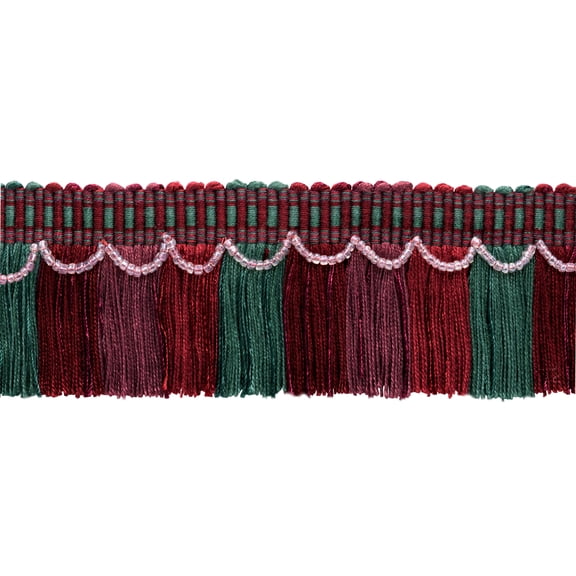 2 1/2" (6cm) Decorative Thin Cut Fringe Trim with Beads and Fancy Woven header # FTRW0250,, Holly Red #VL01 (Wine Red, Pine Green, Pure White) 12 Yards (36 ft/11m)