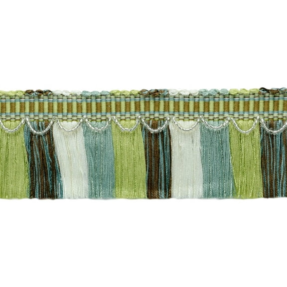 2 1/2" (6cm) Decorative Thin Cut Fringe Trim with Beads and Fancy Woven header # FTRW0250,, Lakeside Green #VL12 (Olive Green, Chocolate Brown, Turquoise Blue) Sold By The Yard (36"/3 ft/0.9m)