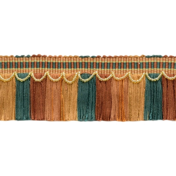 2 1/2" (6cm) Decorative Thin Cut Fringe Trim with Beads and Fancy Woven header # FTRW0250,, Sedona Orange #VL02 (Red Orange, Light Orange, Forest Green) 12 Yards (36 ft/11m)