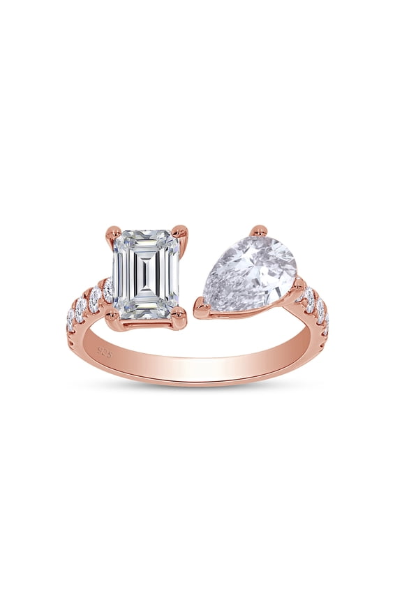 2 1/2 Carat Emerald, Pear & Round Cut Lab Created Moissanite Adjustable Toi Et Moi Half-Eternity Engagement Ring For Women In 14K Rose Gold Over Sterling Silver(G-H Color, VVS1 Clarity, 2.50Cttw)-4.5
