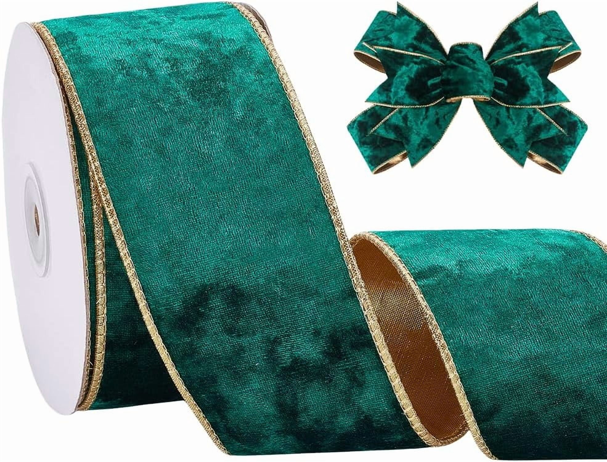 2-1/2 Inch Wide Velvet Wired Ribbon 10 Yards Green Ribbon with Gold ...